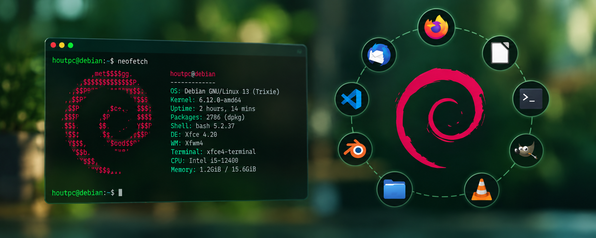 Debian 13 Linux-terminal met het Debian-logo en iconen van verschillende Linux-applicaties