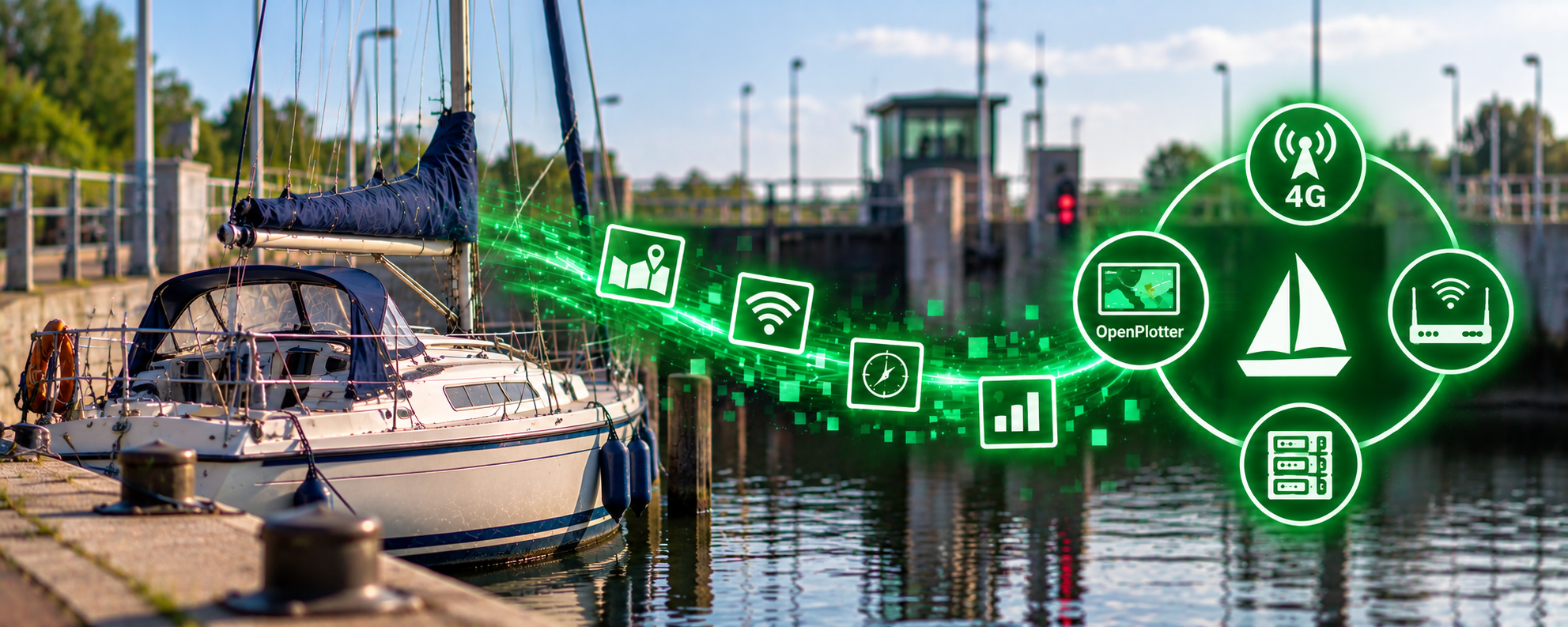 Zeilboot bij sluis met overgang naar boordtechniek iconen