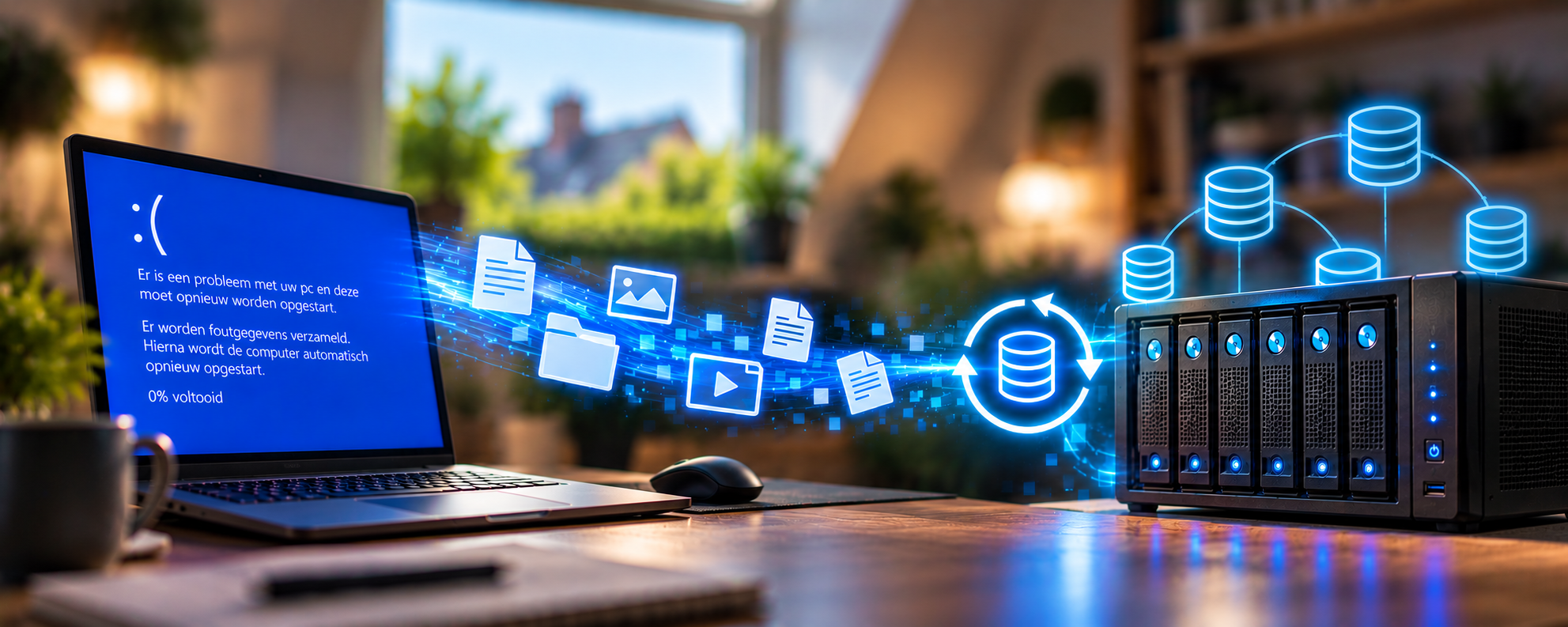 Computer met blauw scherm en digitale bestanden die worden overgebracht naar een NAS-opslagsysteem